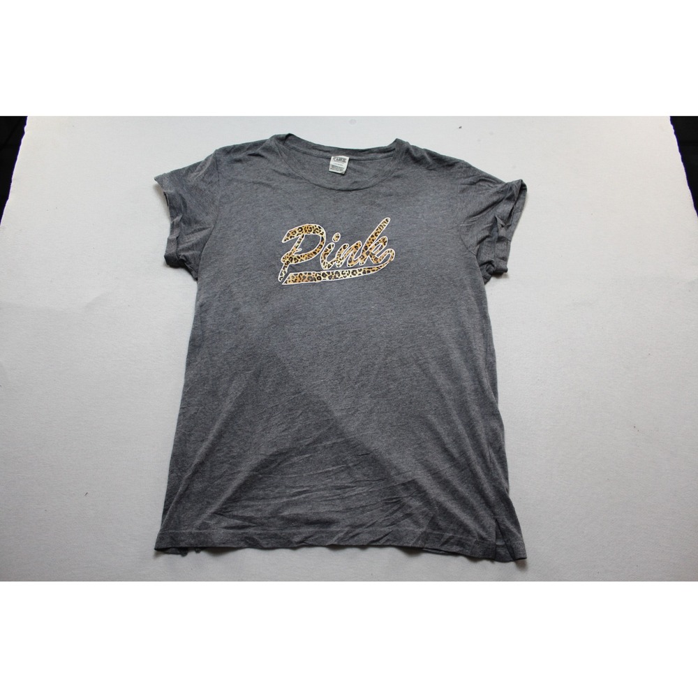 Pink Victoria's Secret T-Shirt Women Large Gray Excellent Leopard Logo Graphic